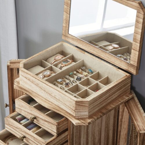 Emfogo Jewelry Box for Women, Rustic Wooden Jewelry Boxes & Organizers with Mirror, 4 Layer Jewelry Organizer Box Display for Rings Earrings Necklaces Bracelets