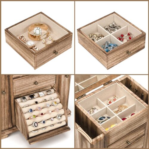 Emfogo Jewelry Box for Women, Rustic Wooden Jewelry Boxes & Organizers with Mirror, 4 Layer Jewelry Organizer Box Display for Rings Earrings Necklaces Bracelets