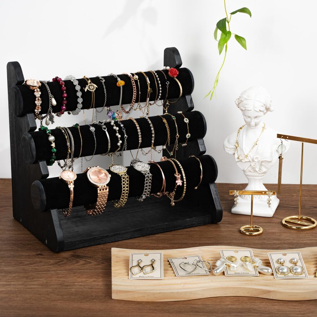 Emfogo Triple Bracelet Holder Wooden Jewelry Display Stand Watch Bangle Bar Necklace Storage Organizer Bangle Scrunchie Organizer Holder for Store, Showcase and Home Storage
