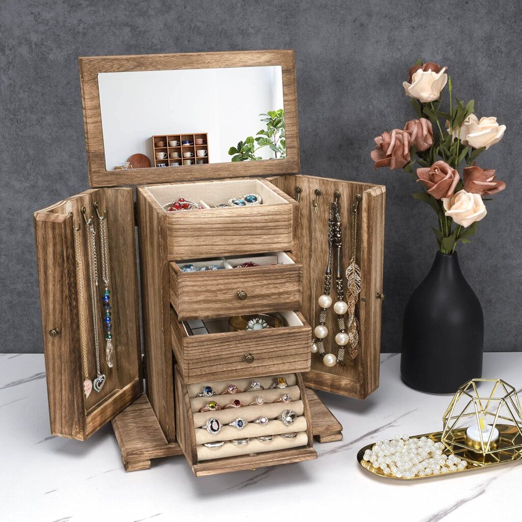 Emfogo Jewelry Box for Women, Rustic Wooden Jewelry Boxes & Organizers with Mirror, 4 Layer Jewelry Organizer Box Display for Rings Earrings Necklaces Bracelets
