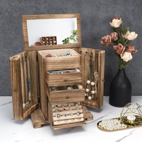 Emfogo Jewelry Box for Women, Rustic Wooden Jewelry Boxes & Organizers with Mirror, 4 Layer Jewelry Organizer Box Display for Rings Earrings Necklaces Bracelets