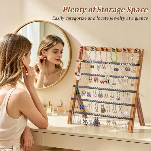 Emfogo Earring Holder Organizer, 6 Tier Earring Display Stand with 285 Holes & 6 Bracelet Rods, Rustic Wood Jewelry Organizer for Earring Bracelet Necklace Ring, Gifts for Women