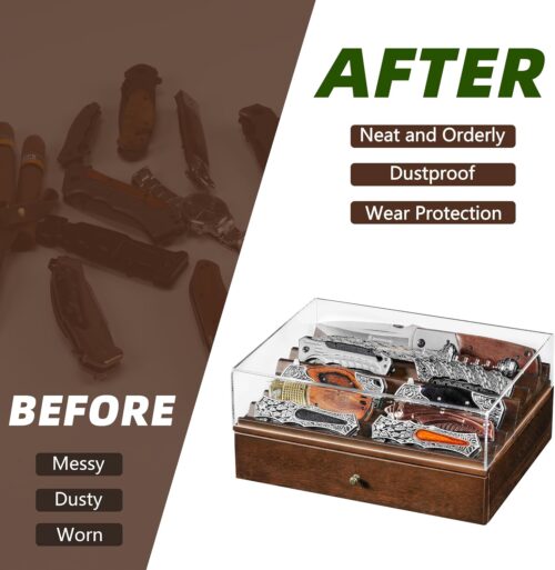 Emfogo Wooden Knife Display Case with Clear Lid – Pocket Knife Display for Collections, 2-Tier Storage & EDC Organizer