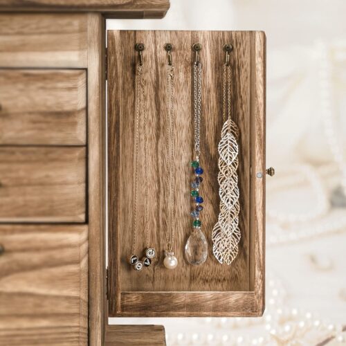 Emfogo Jewelry Box for Women, Rustic Wooden Jewelry Boxes & Organizers with Mirror, 4 Layer Jewelry Organizer Box Display for Rings Earrings Necklaces Bracelets