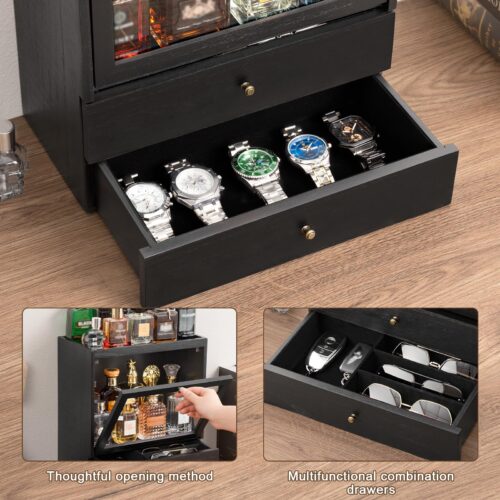 Emfogo Cologne Organizer, 4 Tier Vertical Wood Perfume Stand for Men, Large Capacity Dustproof Perfumes Organizer Cologne Stand with Double Drawer Storage, Gift for Loved ones