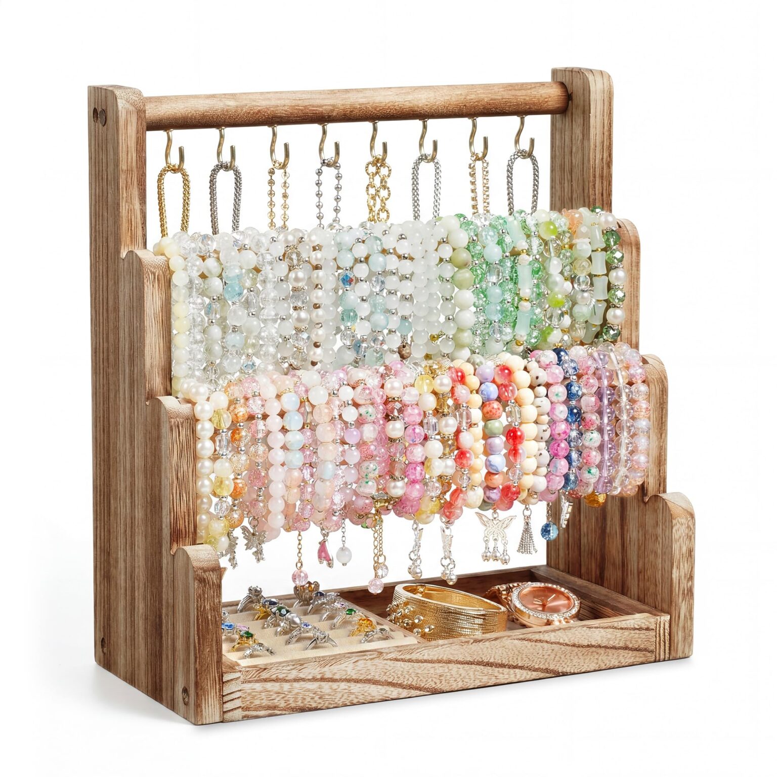 Emfogo Jewelry Organizer Stand, 4 Tier Wood Bracelet Holder With Necklace Holder, Rustic Large Capacity Jewelry Holder Display for Bracelets Bangles Necklaces Rings Watches