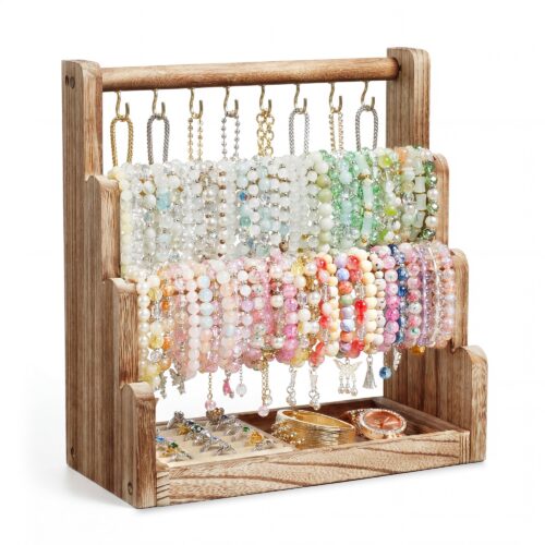 Emfogo Jewelry Organizer Stand, 4 Tier Wood Bracelet Holder With Necklace Holder, Rustic Large Capacity Jewelry Holder Display for Bracelets Bangles Necklaces Rings Watches