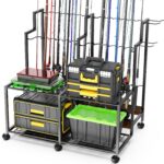 Emfogo Fishing Rod Holders for Garage, 24 Rod Fishing Pole Rack Cart with Wheels, Fishing Rod Storage Organizer with Shelves, Rolling Tackle Storage Rack for Fishing Gear, Garage