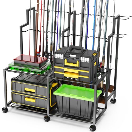 Emfogo Fishing Rod Holders for Garage, 24 Rod Fishing Pole Rack Cart with Wheels, Fishing Rod Storage Organizer with Shelves, Rolling Tackle Storage Rack for Fishing Gear, Garage