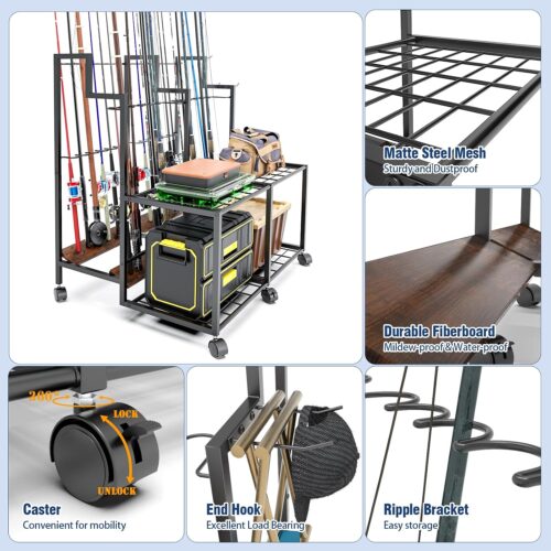Emfogo Fishing Rod Holders for Garage, 24 Rod Fishing Pole Rack Cart with Wheels, Fishing Rod Storage Organizer with Shelves, Rolling Tackle Storage Rack for Fishing Gear, Garage