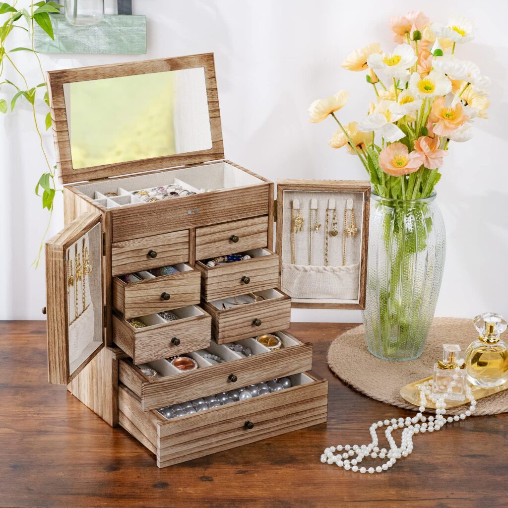 Emfogo Jewelry Box for Women Wooden Jewelry Boxes & Organizers 5-Layer Rustic Large Jewelry Organizer Box with Mirror & 8 Drawers for Rings Earrings Necklaces Bracelets Women Girls