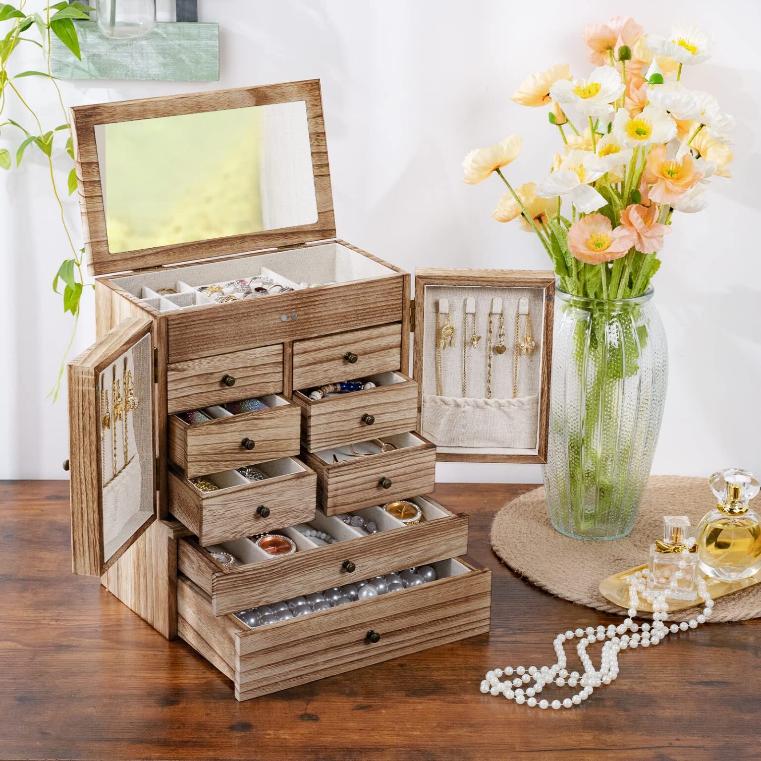 Emfogo Jewelry Box for Women Wooden Jewelry Boxes & Organizers 5-Layer Rustic Large Jewelry Organizer Box with Mirror & 8 Drawers for Rings Earrings Necklaces Bracelets Women Girls