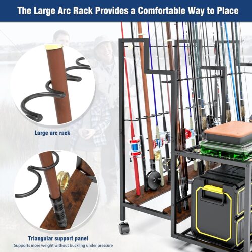 Emfogo Fishing Rod Holders for Garage, 24 Rod Fishing Pole Rack Cart with Wheels, Fishing Rod Storage Organizer with Shelves, Rolling Tackle Storage Rack for Fishing Gear, Garage