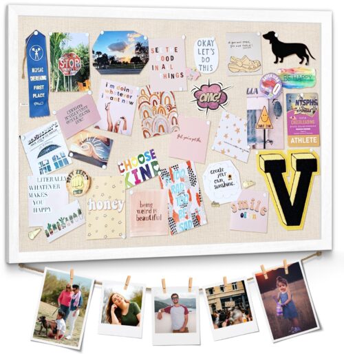Emfogo Large Bulletin Board 23x18inch with Linen Rope Cork Boards Wall Decor Picture Framed Display Board Hanging Pin Board Vision Board Bulletin Cork Board for School Office Room