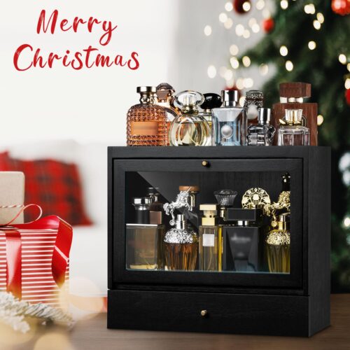 Emfogo Cologne Organizer for Men, Solid Wood Perfumes Organizer for Men Dresser, Large Capacity Dustproof Cologne Holder with Drawer Storage Perfume Stand Organizer, Ideal Gift for