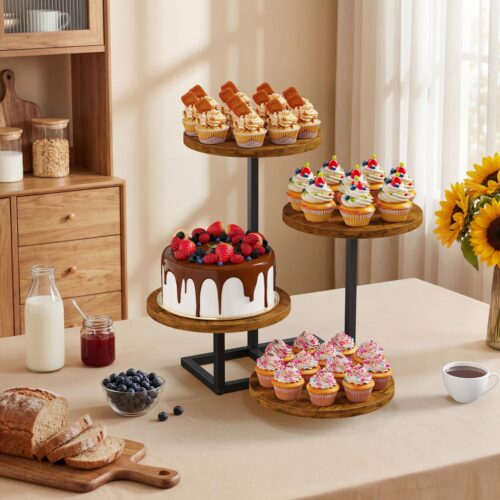 Emfogo 4 Tier Cupcake Stand for 50 Cupcakes, Wooden Round Cupcake Tower Stand, Dessert Display for Wedding Birthday Party Afternoon Tea Rustic Tiered Tray for Cake Cookies Food