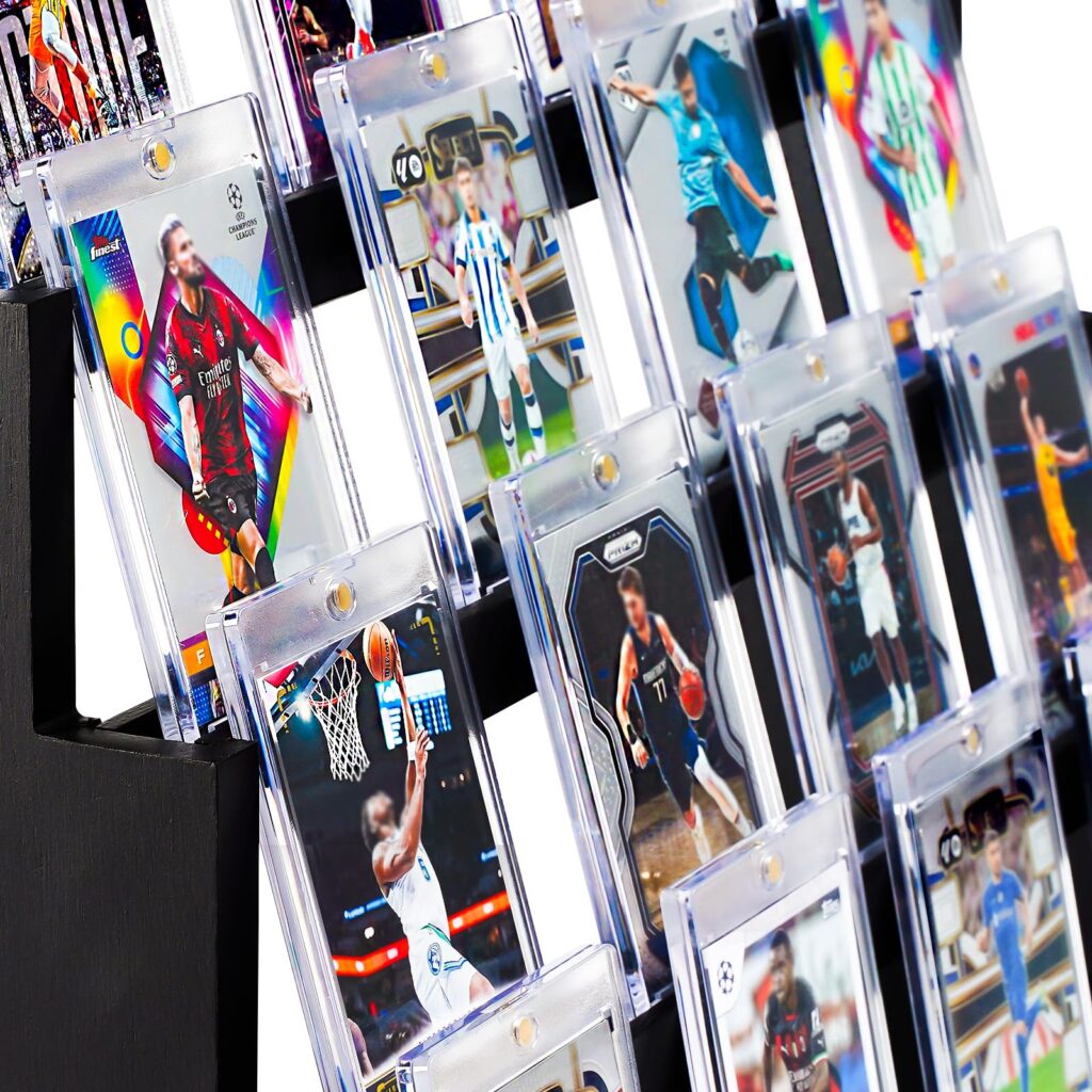Emfogo Card Display Stand, 4-Tier Trading Card Display with Solid Base, Wooden Graded Sports Card Display, Trading Card Display Stand for Card Collection & Show