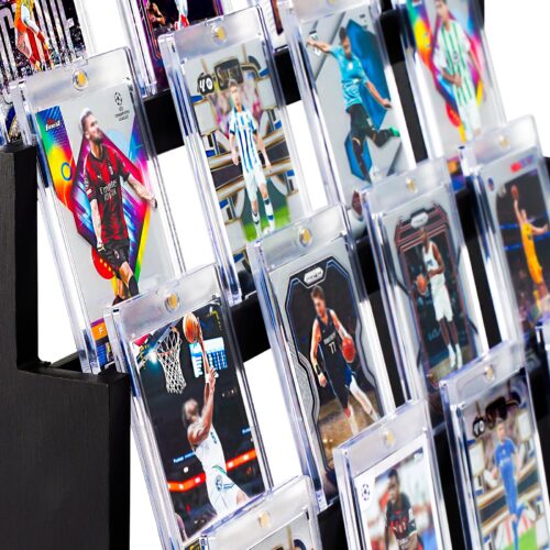 Emfogo Card Display Stand, 4-Tier Trading Card Display with Solid Base, Wooden Graded Sports Card Display, Trading Card Display Stand for Card Collection & Show