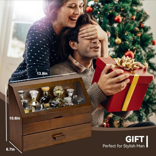 Emfogo Cologne Organizer for Men - Dustproof Stand with Drawer, Wood Perfume Stand Organizer for Dresser, Large Capacity Cologne Holder Display, Great Gift for Men