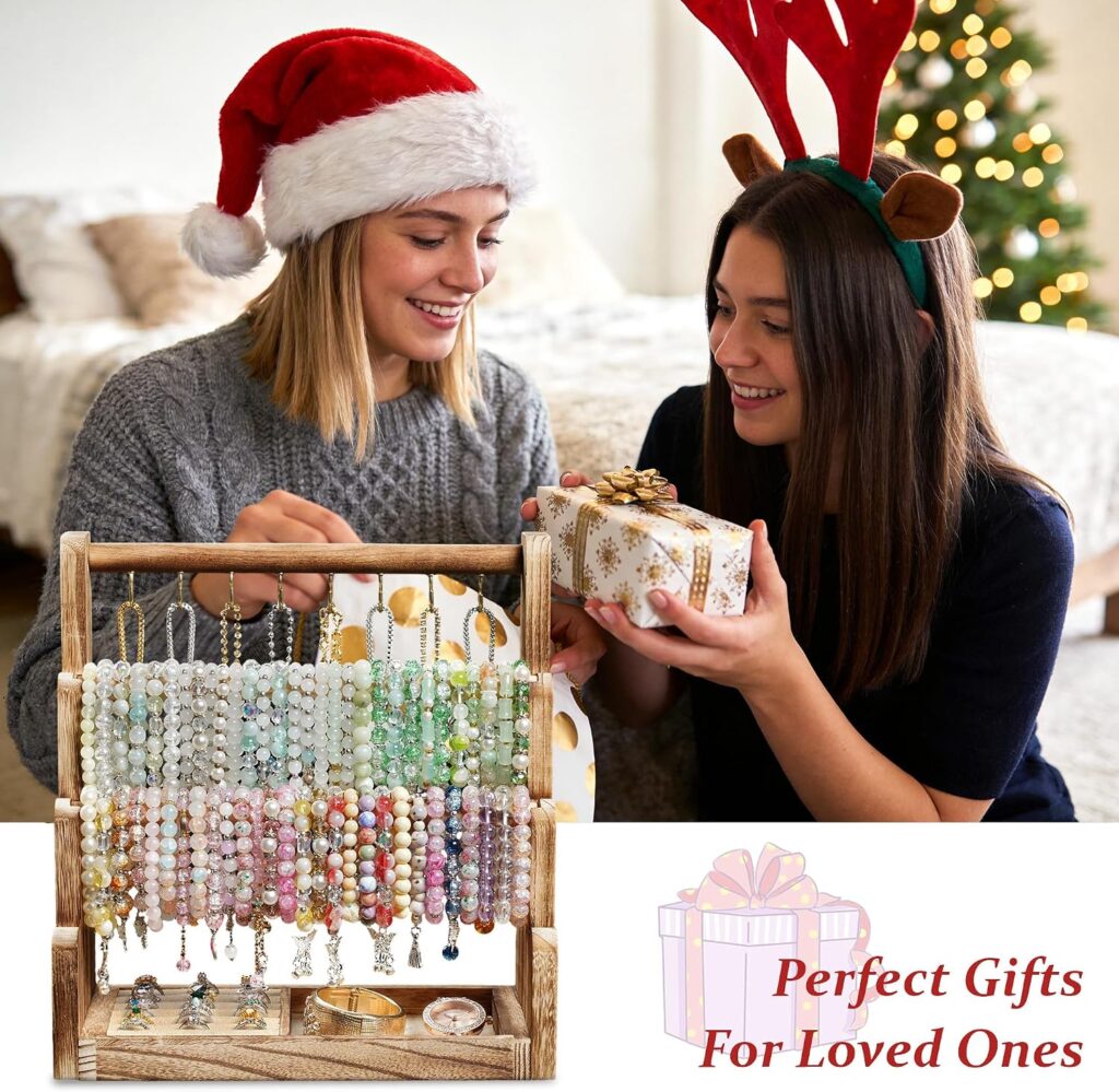Emfogo Jewelry Organizer Stand, 4 Tier Wood Bracelet Holder With Necklace Holder, Rustic Large Capacity Jewelry Holder Display for Bracelets Bangles Necklaces Rings Watches