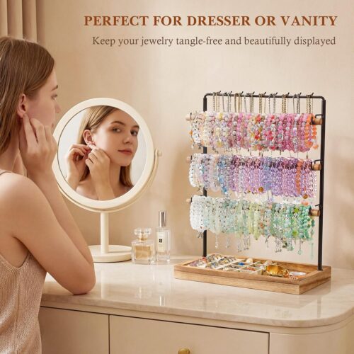 Emfogo Jewelry Organizer Stand, 5 Layer Wood & Metal Bracelet Holder with Necklace Holder Pole, Large Capacity Jewelry Display Holder for Bracelets Necklaces Rings Watches