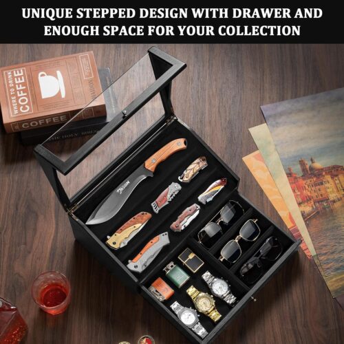 Emfogo Pocket Knife Display Case, Large Knife Collection Box for Folding Knives & EDC Gear, Solid Wood Knife Organizer with Transparent Lid & Drawer, Collector-Grade Gift for Men