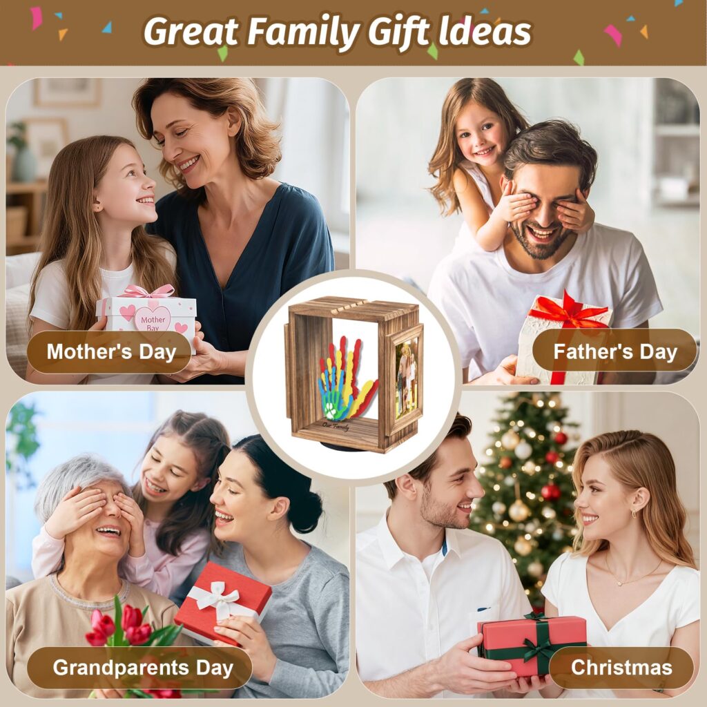 Emfogo 360 Rotating Family Handprint Kit, DIY Craft Keepsake Wooden Frame, Baby Footprint Kit, 5 Paint Colors Included, Non-Toxic Paints&Transparent Sheets, Gifts for Handprint Family Keepsake - Brown