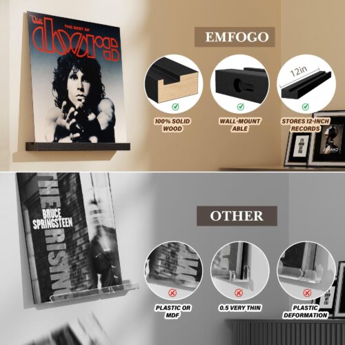 Emfogo Vinyl Record Shelf Wall Mount, 12 Pack Album Record Holder Wall, 12 inch Vinyl Record Storage Shelves Wall, Wood Record Display for Living Room