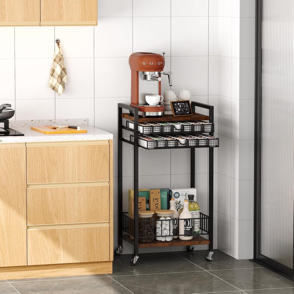 Emfogo Coffee Cart Station, 4-Tier Coffee Station Organizer with Lockable Wheels, Coffee Pod Holder Drawer Holds 84 Pods, Coffee Bar Cart for Kitchen, Living Room, Office, Rustic