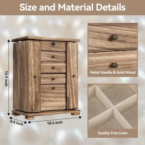 Emfogo Jewelry Boxes for Women, 5 Layer Large Wooden Jewelry Organizer Box with Lock, Mirror & Drawers, Jewelry Boxes & Organizers for Necklaces Earrings Rings Bracelets