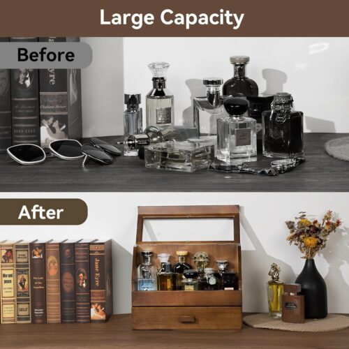 Emfogo Cologne Organizer for Men - Dustproof Stand with Drawer, Wood Perfume Stand Organizer for Dresser, Large Capacity Cologne Holder Display, Great Gift for Men