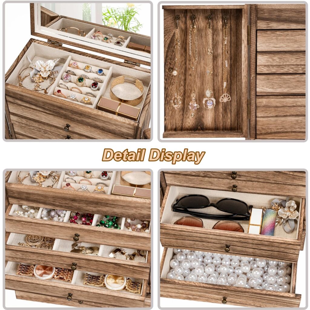 Emfogo Wooden Jewelry Box for Women, 6-Tier Large Jewelry Organizer Boxes with Mirror Rustic Solid Wood jewlery Storage Display for Rings Earrings Necklaces Bracelets watches