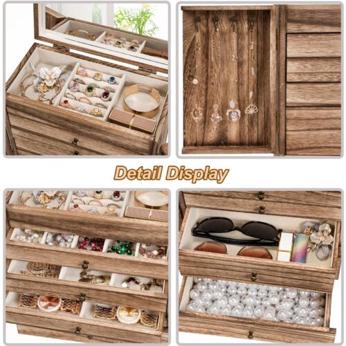 Emfogo Wooden Jewelry Box for Women, 6-Tier Large Jewelry Organizer Boxes with Mirror Rustic Solid Wood jewlery Storage Display for Rings Earrings Necklaces Bracelets watches