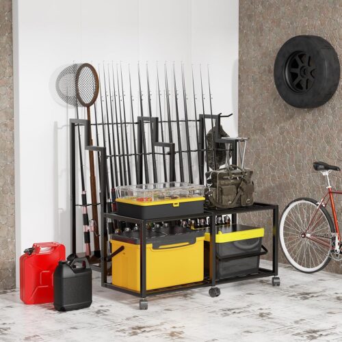 Emfogo Fishing Rod Holders for Garage, 24 Rod Fishing Pole Rack Cart with Wheels, Fishing Rod Storage Organizer with Shelves, Rolling Tackle Storage Rack for Fishing Gear, Garage