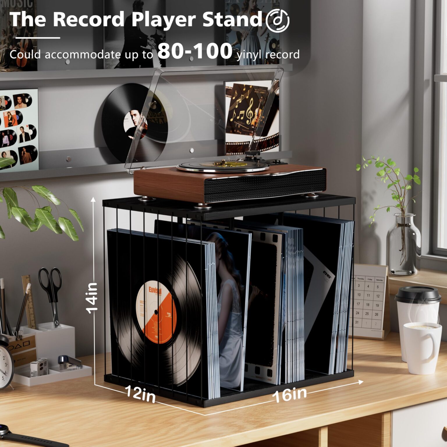Emfogo Vinyl Record Storage, Metal & Wooden Vinyl Record Holder Up to 80 Album, 3-Compartment Record Player Stand for Magazine, Book, Files, Albums