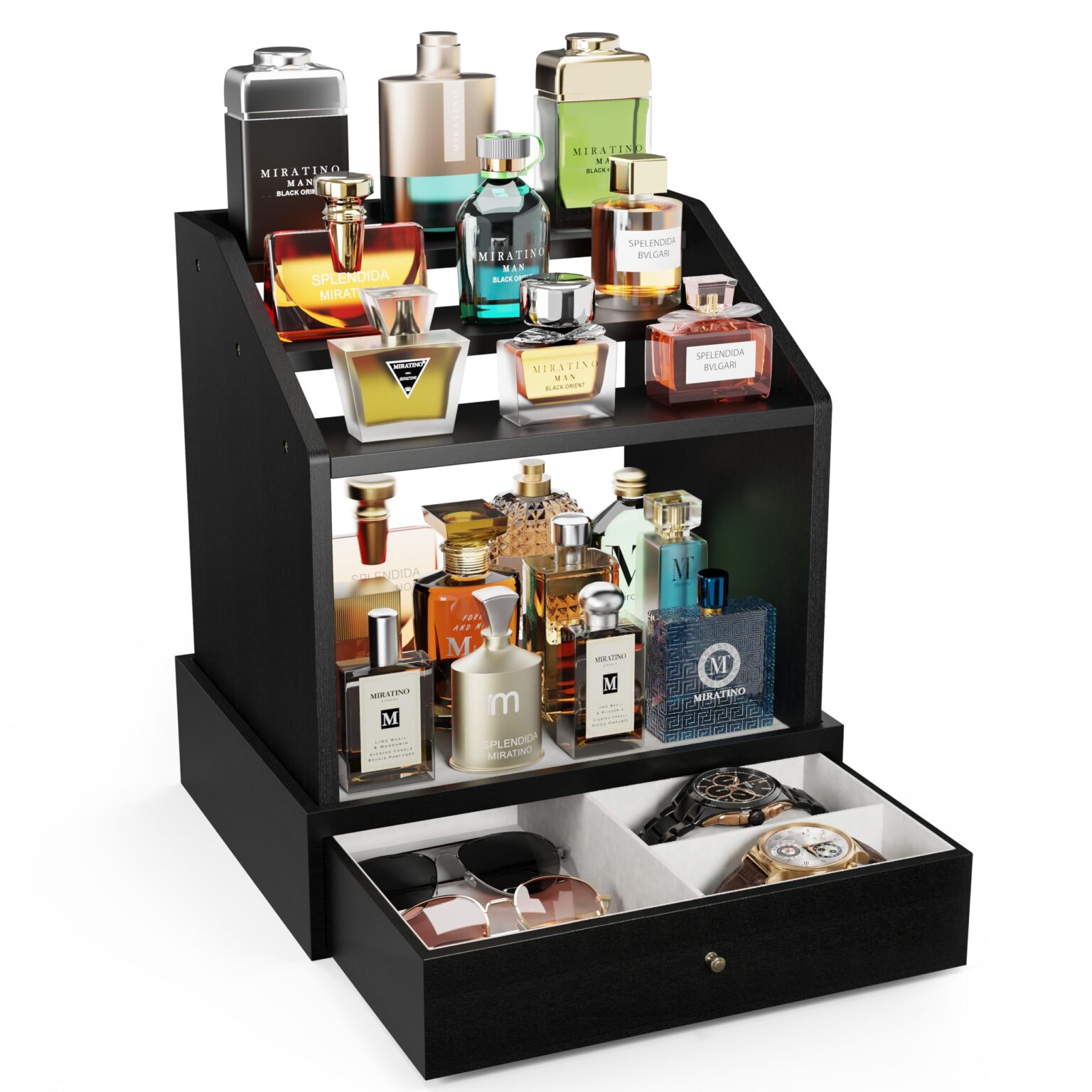 Emfogo Cologne Organizer for Men, Large-Capacit Perfume Organizer for Men with 2-in-1 Design, 3-tier Cologne Stand, Wood Perfume Holders, Cologne Storage Display with Spacious