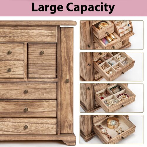 Yoimori Jewelry Box for Women, Rustic Wooden Jewelry Organizer Box with Mirror, 6 Layer Jewelry Boxes for Necklaces Earrings Bracelets Rings - Carbonized Black