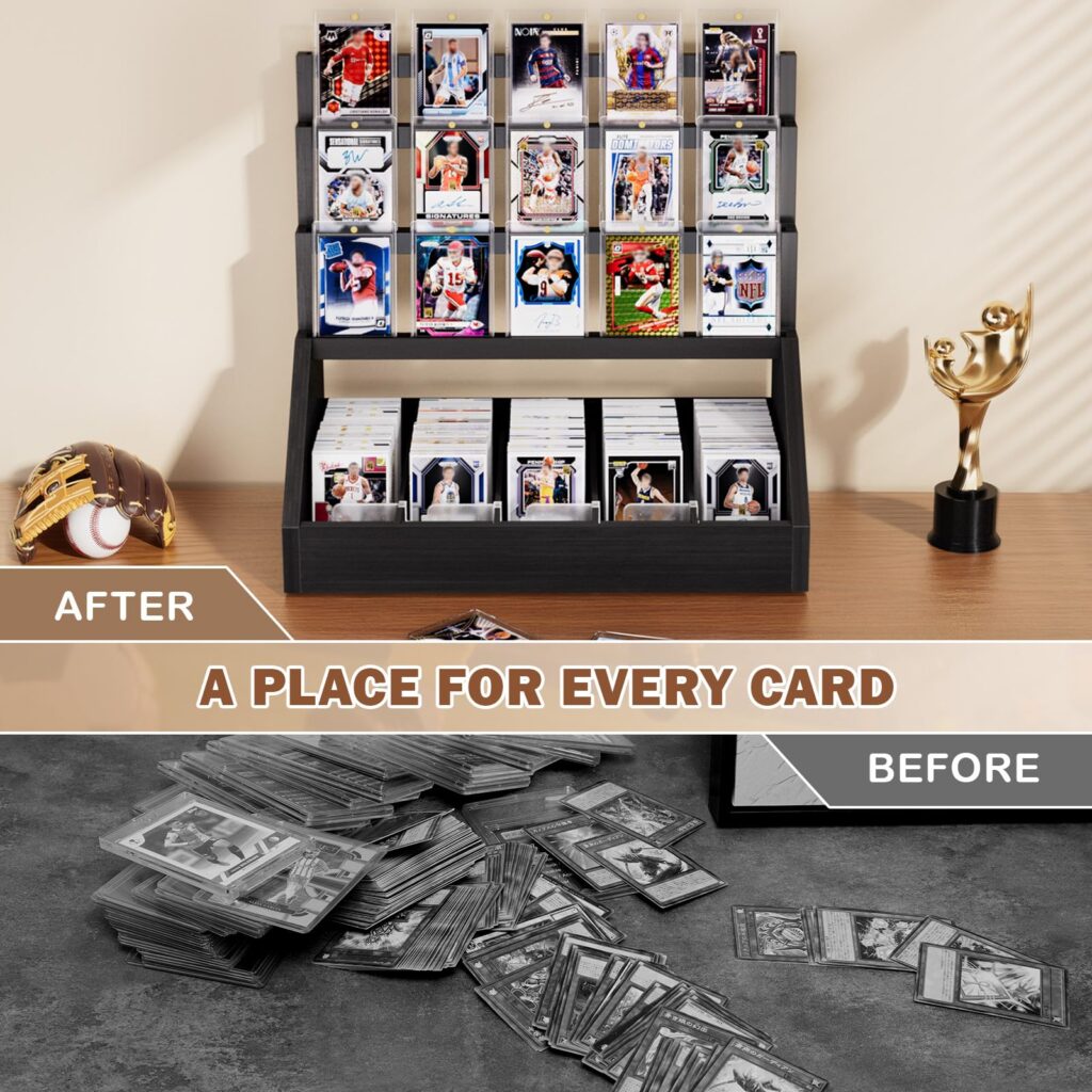 Emfogo Trading Card Display, 3-Tier Card Display Stand with 5-Row Storage, Wooden Graded Card Display, Large Capacity Sports Cards Display Case for Cards Game Collection - Black