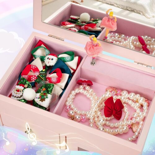 Emfogo Jewelry Box for Girls, Kids Jewelry Box with Spinning Dancer, 5 Layer Large Wooden Musical Jewelry Organizer Box Gifts for Little Girls Christmas New Year Birthday