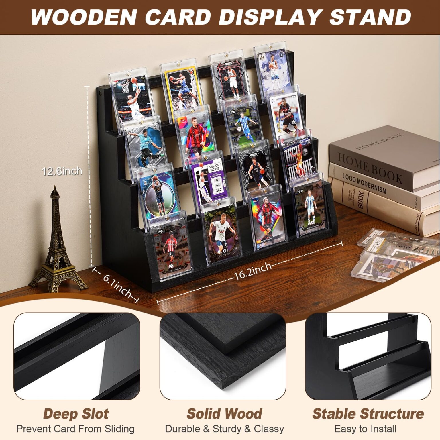 Emfogo Card Display Stand, 4-Tier Trading Card Display with Solid Base, Wooden Graded Sports Card Display, Trading Card Display Stand for Card Collection & Show