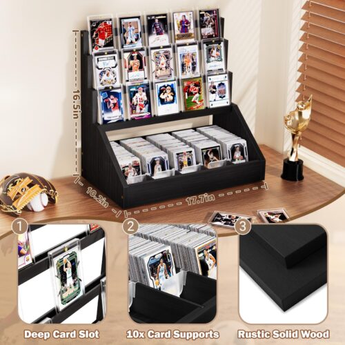 Emfogo Trading Card Display, 3-Tier Card Display Stand with 5-Row Storage, Wooden Graded Card Display, Large Capacity Sports Cards Display Case for Cards Game Collection - Black