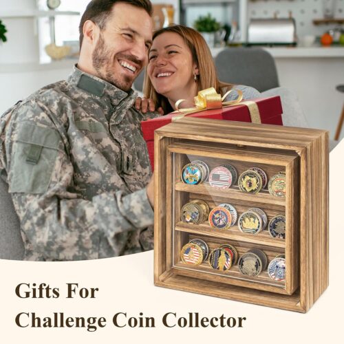 Emfogo Double-Sided Rotating Challenge Coin Display, Wooden Military Coin Holder Holds 33 Coins for Desktop, 6-Row Display Stand for Honoring Veterans & Collectors