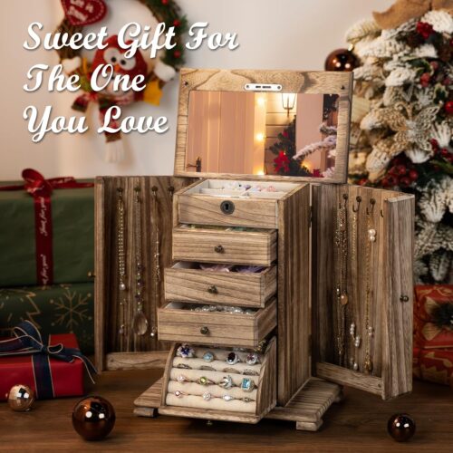 Emfogo Jewelry Boxes for Women, 5 Layer Large Wooden Jewelry Organizer Box with Lock, Mirror & Drawers, Jewelry Boxes & Organizers for Necklaces Earrings Rings Bracelets