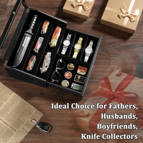 Emfogo Pocket Knife Display Case, Large Knife Collection Box for Folding Knives & EDC Gear, Solid Wood Knife Organizer with Transparent Lid & Drawer, Collector-Grade Gift for Men