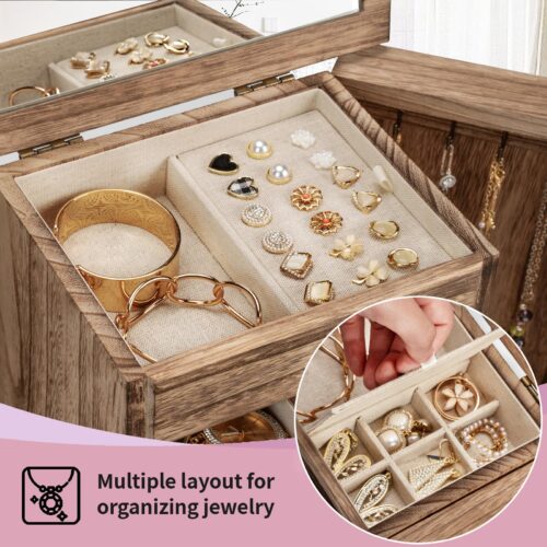 Yoimori Jewelry Box for Women, Rustic Wooden Jewelry Organizer Box with Mirror, 6 Layer Jewelry Boxes for Necklaces Earrings Bracelets Rings - Carbonized Black