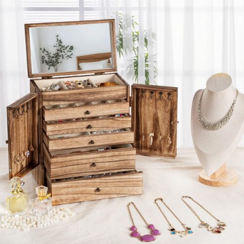 Emfogo Wooden Jewelry Box for Women, 6-Tier Large Jewelry Organizer Boxes with Mirror Rustic Solid Wood jewlery Storage Display for Rings Earrings Necklaces Bracelets watches