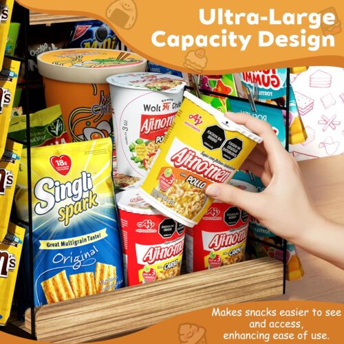 Emfogo Chip Rack Display Stand, 6 Tiers 50 Clips Snack Organizer, 360° Rotating Wood Base Candy Display Rack, Portable Retail Display Shelf for Countertop, Office, Store, Kitchen