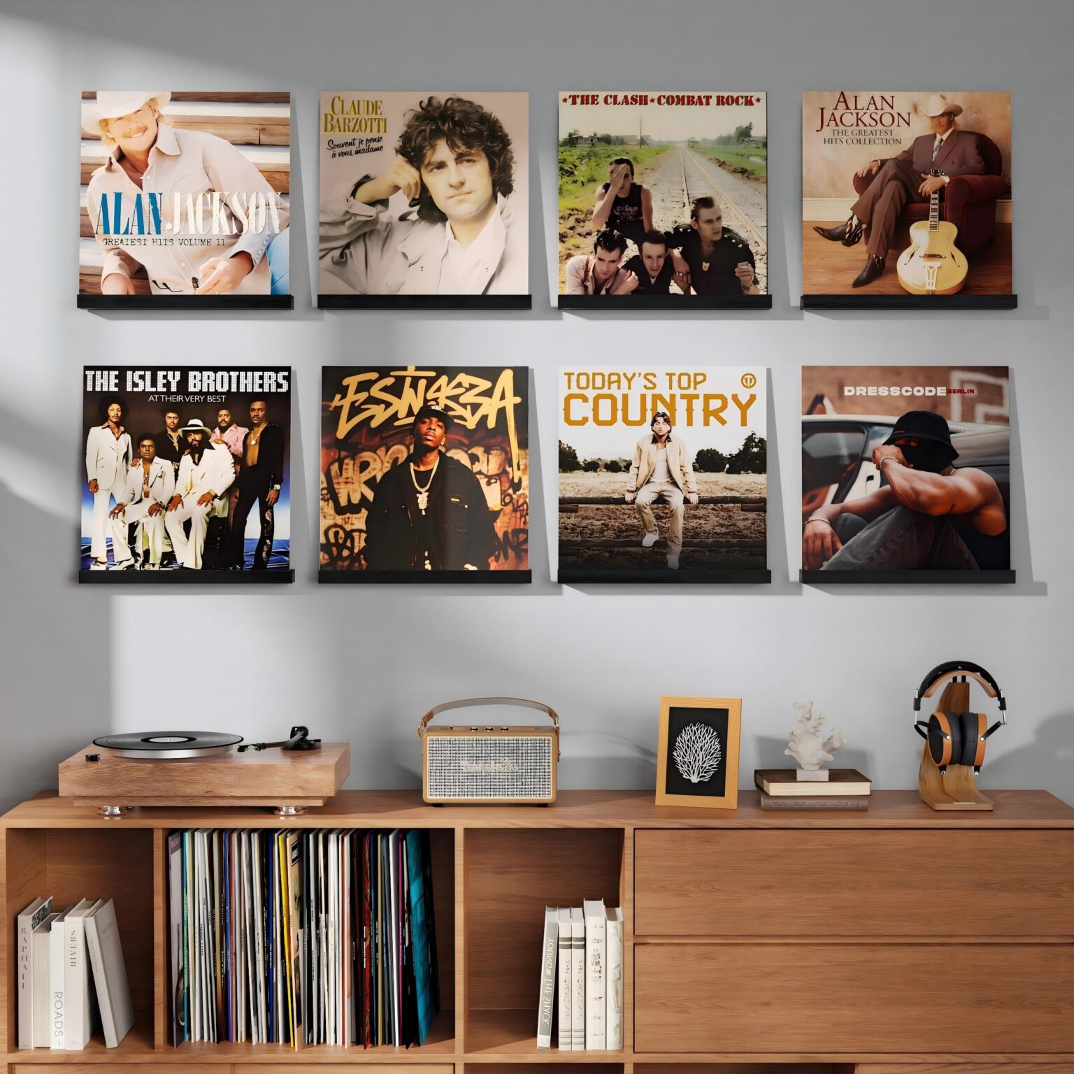Emfogo 8 Pack Vinyl Record Shelf Wall Mount, Record Holder Wall, 12 inch Album Vinyl Record Storage Shelves Wall, Wood Record Display for Living Room