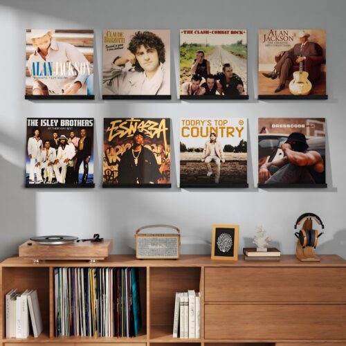 Emfogo 8 Pack Vinyl Record Shelf Wall Mount, Record Holder Wall, 12 inch Album Vinyl Record Storage Shelves Wall, Wood Record Display for Living Room