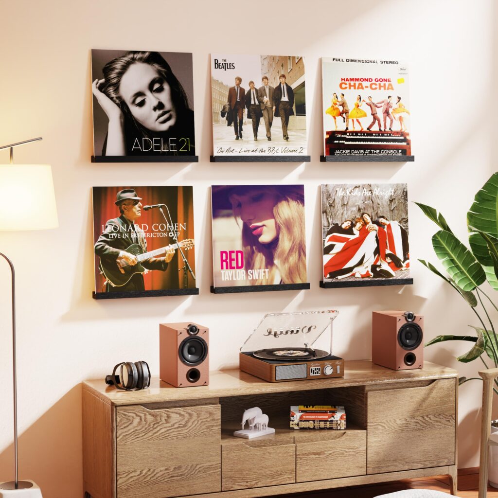 Emfogo Vinyl Record Shelf Wall Mount, 6 Pack Album Record Holder Wall, 12 inch Vinyl Record Storage Shelves Wall, Wood Record Display for Living Room